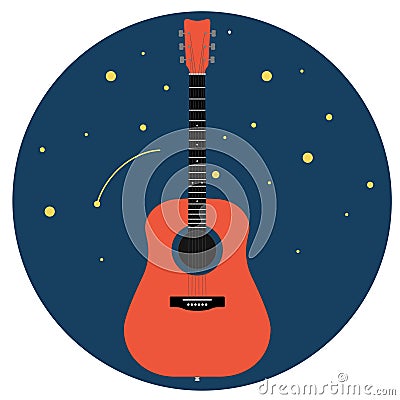 Acoustic guitar against the starry sky isolated on white background Vector illustration Cartoon Illustration