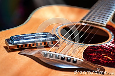 Acoustic guitar with blues harmonica country Stock Photo