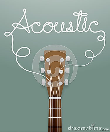 Acoustic guitar brown color and acoustic text made from guitar strings illustration concept idea isolated on dark green gradient Vector Illustration