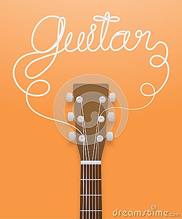 Acoustic guitar brown color and guitar text made from guitar strings illustration concept idea isolated on orange gradient Vector Illustration