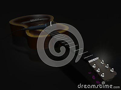 Acoustic guitar and concert microphone on a dark background 3d Stock Photo