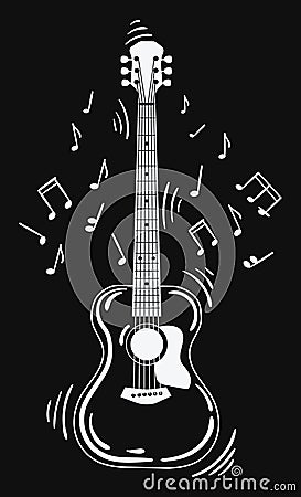 Acoustic guitar makes a sound. Black and white guitar with notes. Vector Illustration