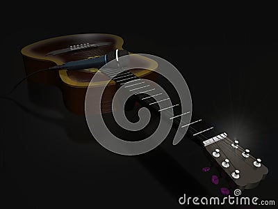 Acoustic guitar and microphone on a dark background 3d illustra Stock Photo