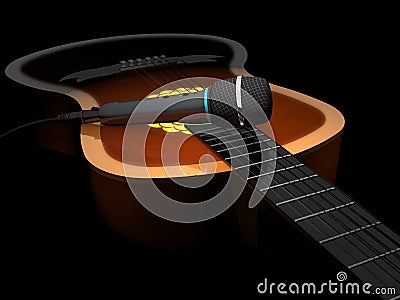 Acoustic guitar and microphone on a dark background 3d illustra Stock Photo