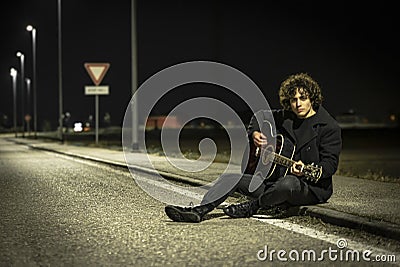 Acoustic Guitar Musician Night Sidewalk Stock Photo