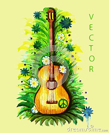 Acoustic guitar with a peace sign watercolor Vector Illustration