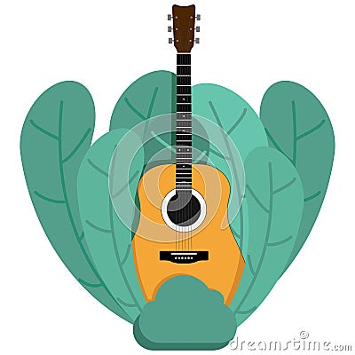 Acoustic guitar on a plant background isolated on white background Vector illustration. Vector Illustration