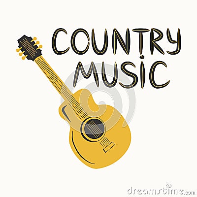 Acoustic guitar surrounded by notes, the inscription Love Music, Country Music. Country Cowboy Music Festival Creative Event Live Stock Photo