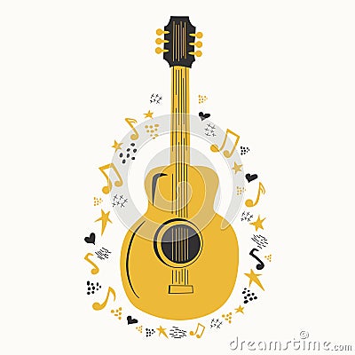 Acoustic guitar surrounded by notes, the inscription Love Music, Country Music. Country Cowboy Music Festival Creative Event Live Stock Photo