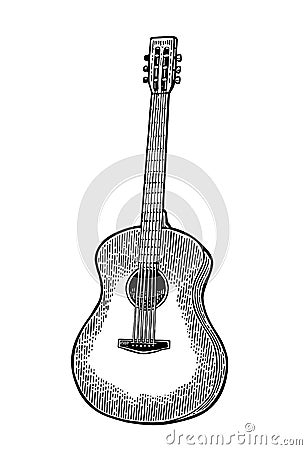 Acoustic guitar. Vintage vector black engraving illustration Vector Illustration