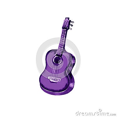 Acoustic guitar watercolor illustration violet on white background Cartoon Illustration