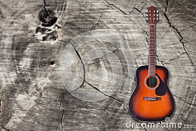 Acoustic guitar wood background. Stock Photo