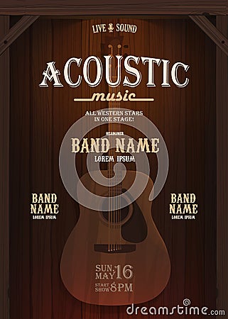 Acoustic music evening wild west vertical poster with guitar Vector Illustration