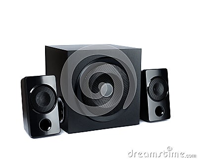 Acoustic speakers in plane wooden body with subwoofer Stock Photo