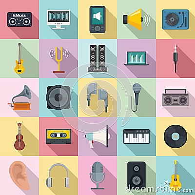 Acoustics icons set, flat style Vector Illustration