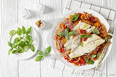 Acqua Pazza, italian poached fish, top view Stock Photo