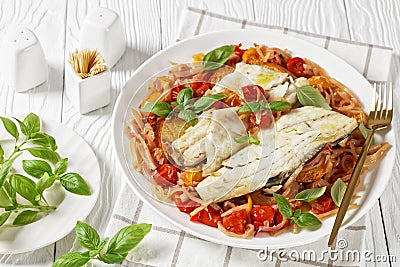 Acqua Pazza, italian poached fish, top view Stock Photo