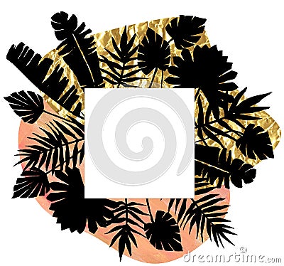 Acrillic Hand drawn premade card with black tropical palm leaves shilouette. White frame copy space mockup Stock Photo