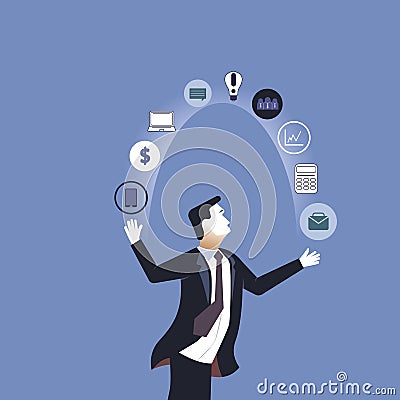 Acrobat. Businessman juggling business icons. Concept business vector illustration Vector Illustration