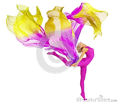 Acrobat Dancing With Fabric, Flexible Woman Leotard White Stock Photo