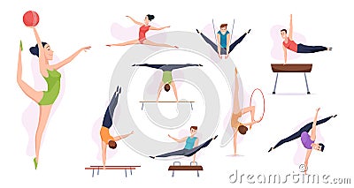 Acrobatic people. Gymnasts in action poses sport athletes making fitness training elements exact vector healthy Vector Illustration