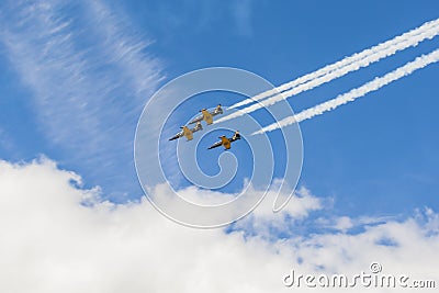 Acrobatic Stunt Planes RUS of Aero L-159 ALCA on Air During Aviation Sport Event Dedicated to the 80th Anniversary of DOSAAF Editorial Stock Photo