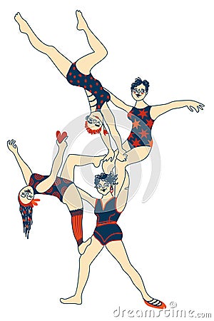 Acrobatic team. Four women making acrobatic pyramid. Vector isolated illustration Vector Illustration