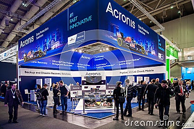 Acronis company stand on exhibition fair Cebit 2017 in Hannover Messe, Germany. Acronis is a global leader in hybrid Editorial Stock Photo