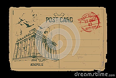 Acropolis. Athens, Greece. Post card design. Vector Illustration