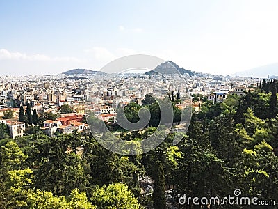 Acropolis of Athens seen from Filopappos Hill. Athens Greece. Stock Photo