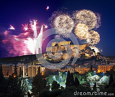 Acropolis with firework, celebration of the New Year in Athens, Greece Stock Photo