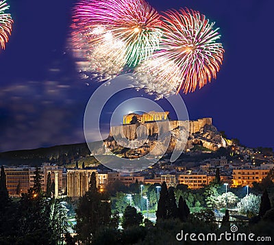 Acropolis with firework, celebration of the New Year in Athens, Greece Stock Photo