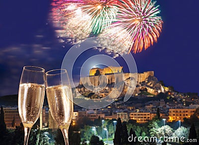 Acropolis with firework, celebration of the New Year in Athens, Greece Stock Photo