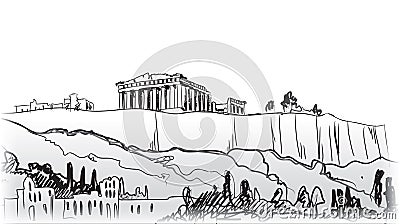 Acropolis Hill in Athens. European travel destination. Cartoon Illustration