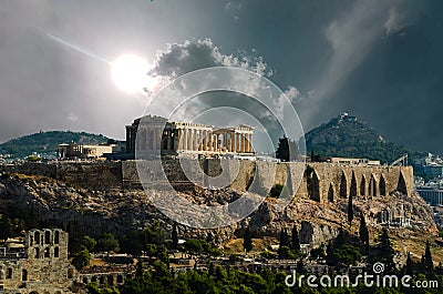 Acropolis likavitos parthenon athens greece in cloudy day Stock Photo
