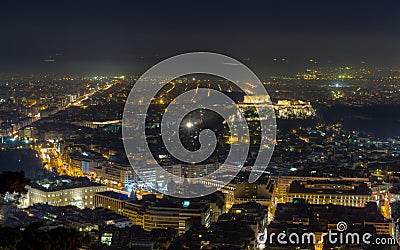 Acropolis night view from Lycabettus hill, Athens Stock Photo