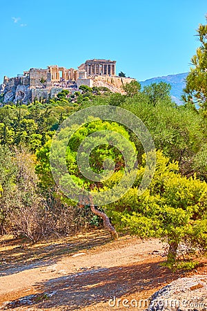 The Acropolis and park on Hill of the Nymphs in Athens Stock Photo