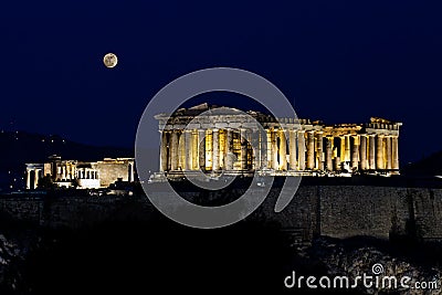 Acropolis (parthenon) by night, under full moon, Stock Photo