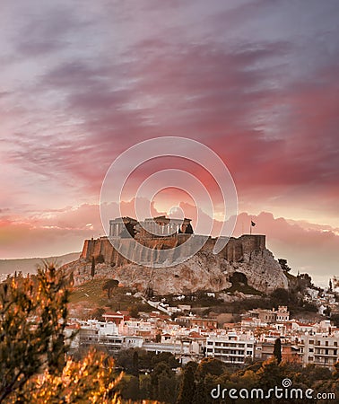 Acropolis with Parthenon temple against sunset in Athens, Greece Stock Photo