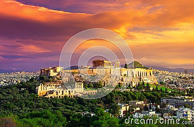 Acropolis with Parthenon. View through a frame with green plants, trees, ancient marbles and cityscape, Athens. Stock Photo