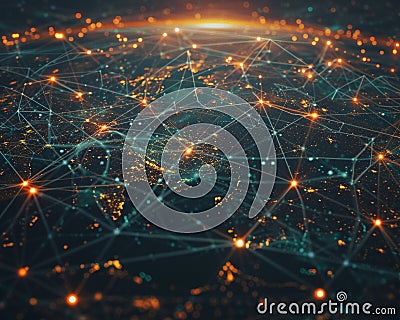 Across continents, blockchain nodes connect, distributing the ledger's weight, validating blocks in a dance of cryptography Cartoon Illustration