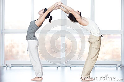 Acroyoga, Standing Backward Bend pose Stock Photo