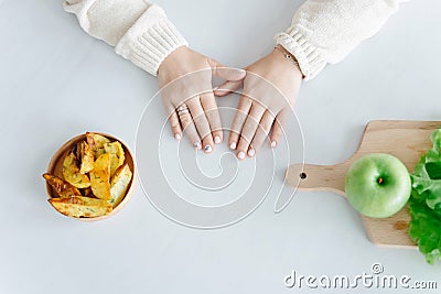 Acrylamide or healthy eating. The concept of choosing a healthy or unhealthy diet. Top view blank space for text. Reduce Stock Photo