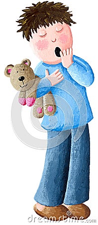 Sleepy little boy with wide open mouth yawning eyes closed holding teddy bear, looking bored isolated on white background Cartoon Illustration