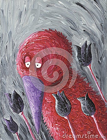 Sad red bird with purple beak and tulips Cartoon Illustration