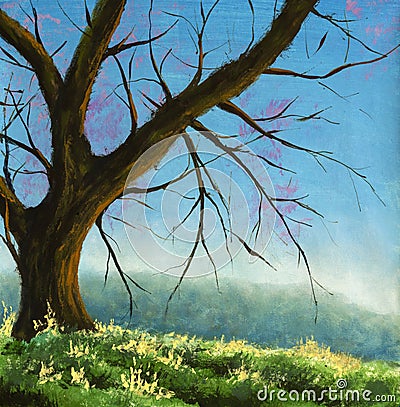 Acrylic claude monet painting Big tree on sunny meadow in mountains beautiful landscape Stock Photo