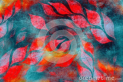 Acrylic Floral art grunge batik background. Stylization of pastel colors, watercolor. Vintage textured pattern with red, orange go Stock Photo