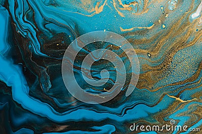 Acrylic Fluid Art. Blue aquamarine waves and gold inclusion. Abstract marble background or texture Stock Photo