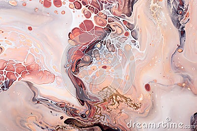 Acrylic Fluid Art. Brown bubbles, peach waves and gold inclusion. Abstract stone background or texture Stock Photo