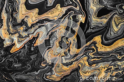 Acrylic Fluid Art. Creative marble background or texture with gold and black waves Stock Photo